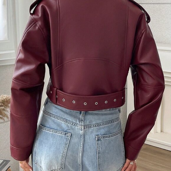 Burgundy Casual Women's Minimalist Zipper faux leather Short Jacket - Picture 6 of 6